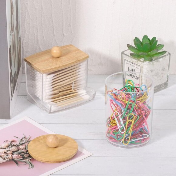 Bamboo Bathroom Accessories Set 4 Pcs - Clear Toothbrush Holder Plastic Soap Dis - Picture 6 of 8